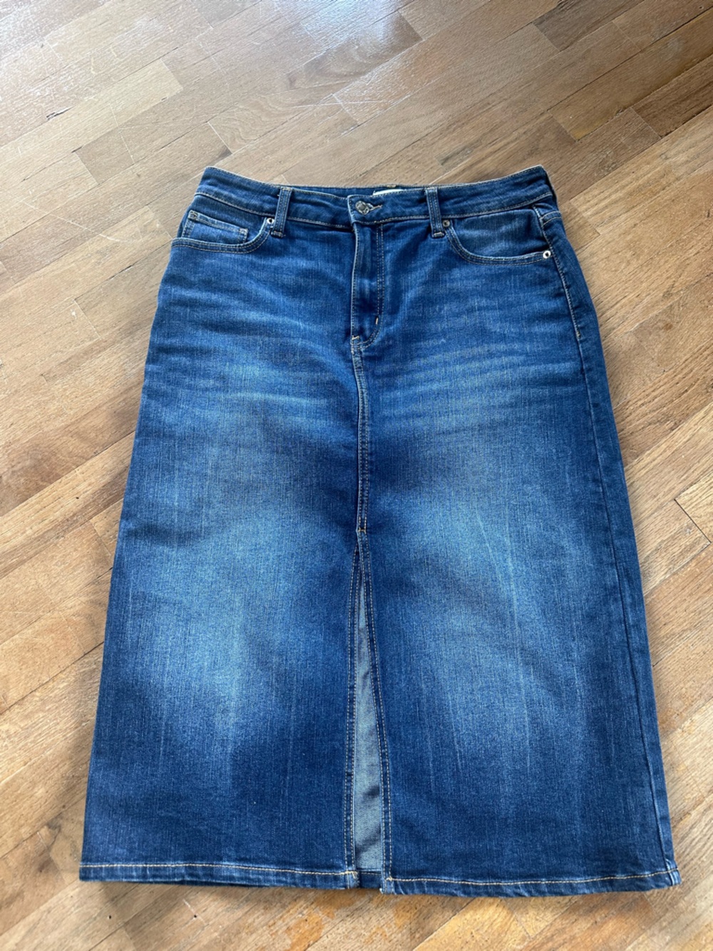 Time and Tru Blue Denim Midi Pencil Skirt